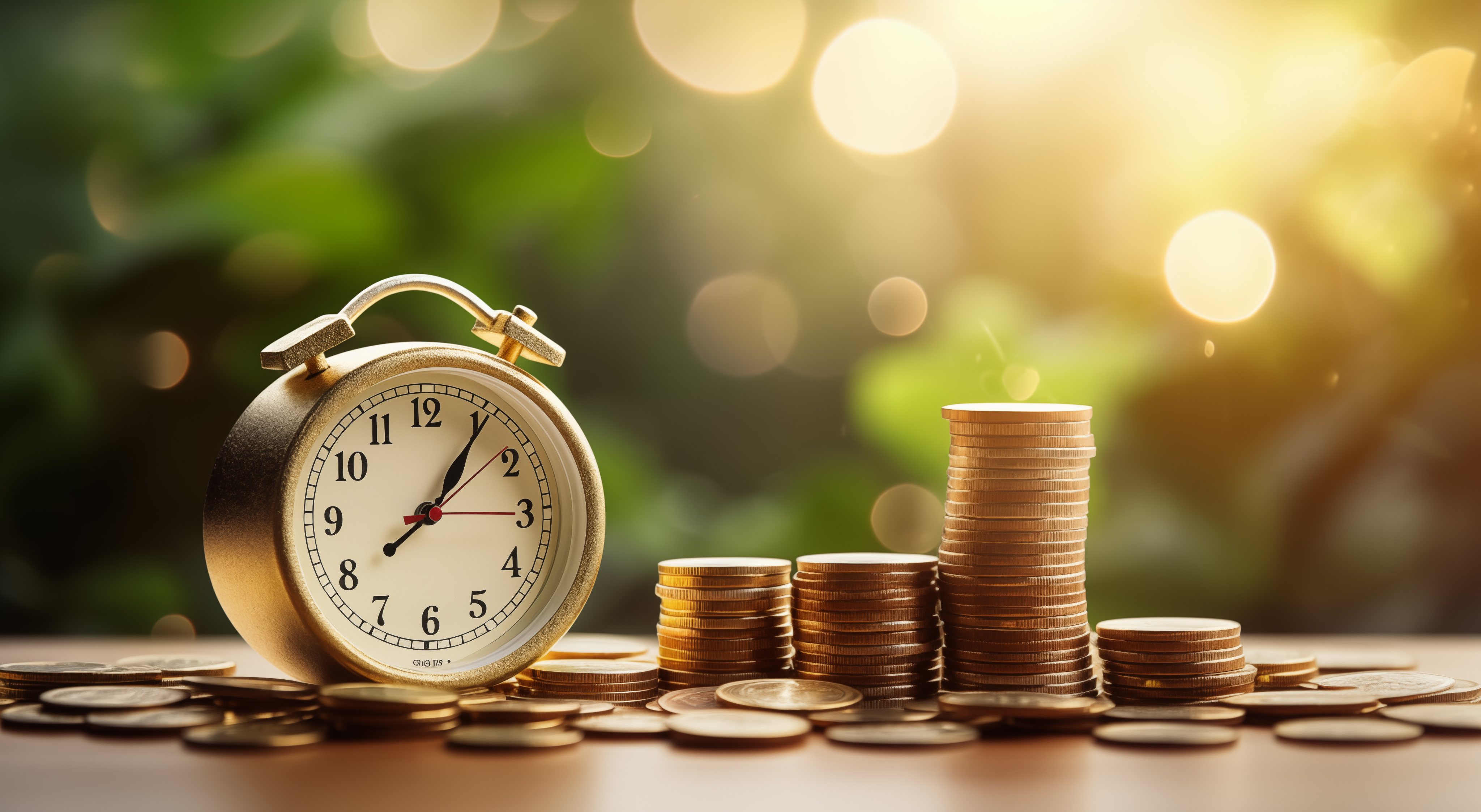 Reloj y monedas para representar una inversión a plazo fijo.